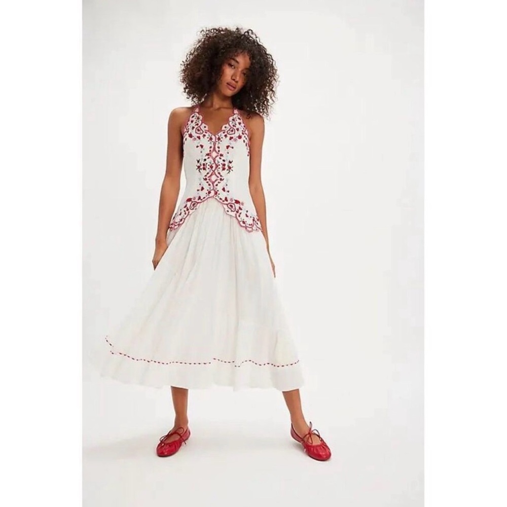 Free People | Rare Cottage Core Valenciana Halter Embroidery Hearts Dress New XS - Picture 3 of 14